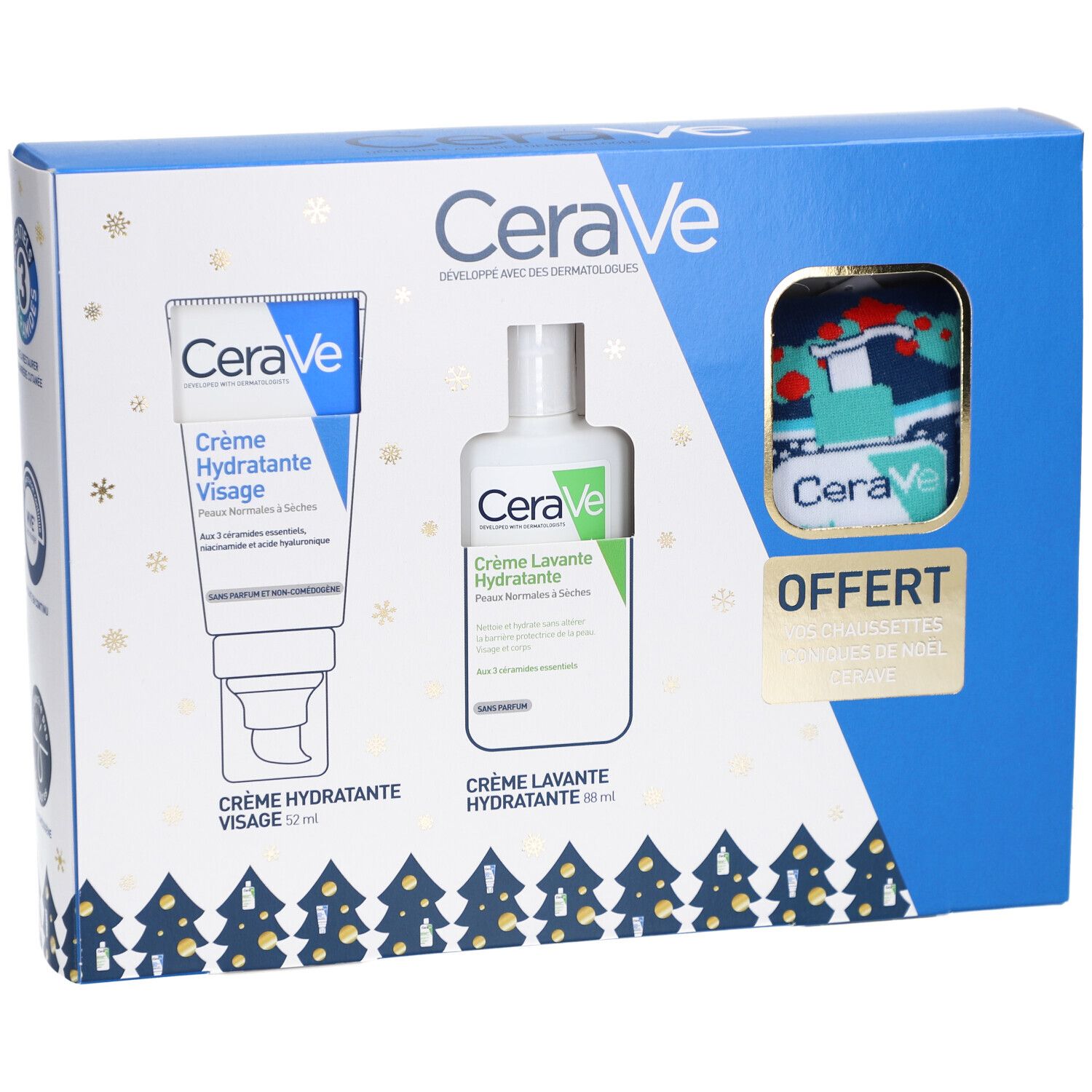 Coffret cadeau CeraVe avec crème, nettoyant et serviette. Texte: CeraVe, crème, nettoyant. Serviette imprimée.