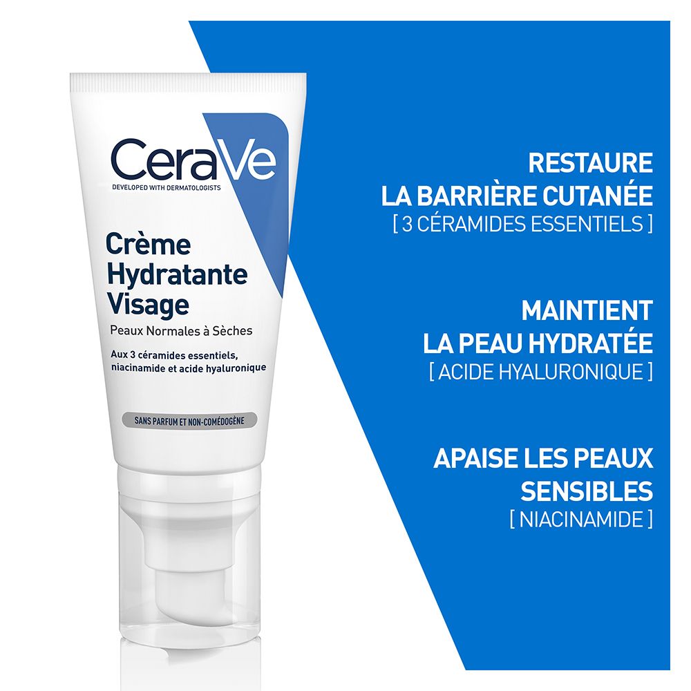 Tube blanc CeraVe Crème Hydratante Visage. Texte: Pour peaux normales à sèches. Contient 3 céramides essentiels.