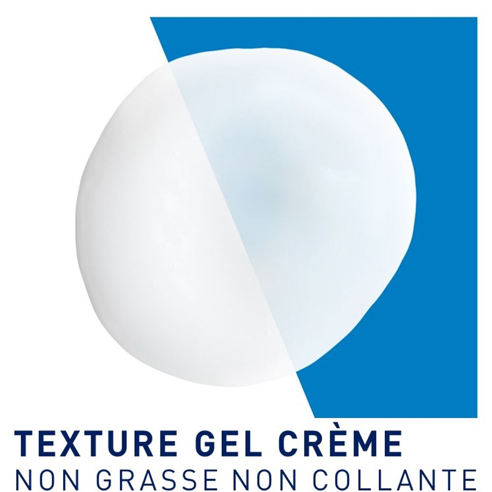 Gros plan sur une texture crème gel blanche. Texte: TEXTURE GEL CRÈME. Non gras, non collant.