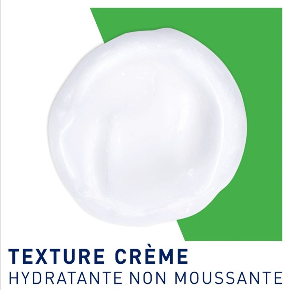 Gros plan sur une texture crème blanche. Texte: TEXTURE CRÈME. Non moussante.