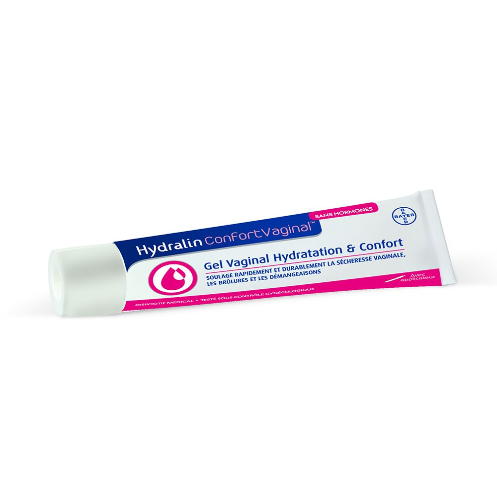 Tube de gel vaginal Hydralin ConfortVaginal. Bouchon blanc, texte bleu et rose. Logo Bayer.