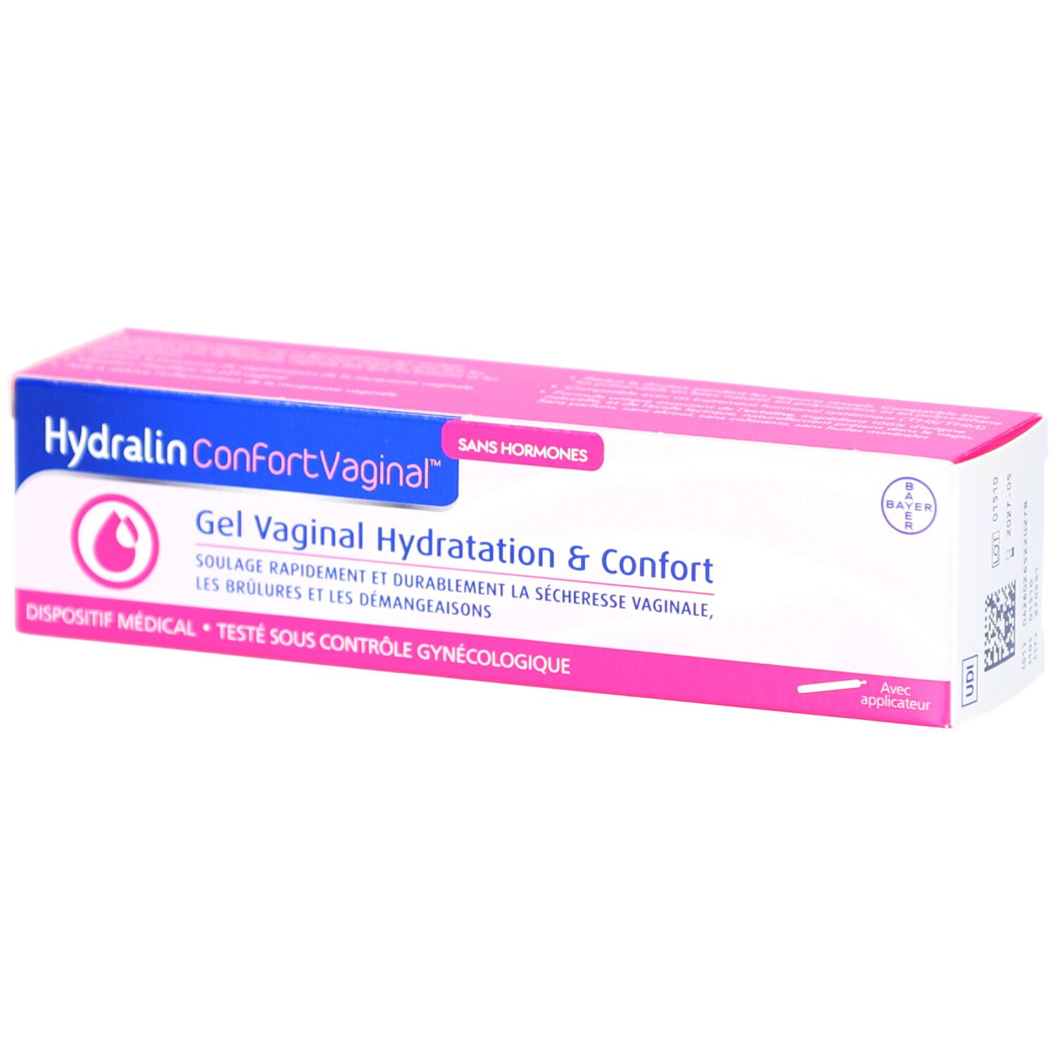 Boîte rose avec nom et logo du produit. Texte: Gel Vaginal Hydratation & Confort. Logo Bayer.