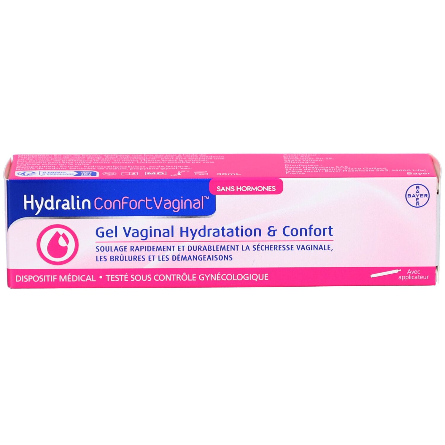Boîte rose avec nom et logo du produit. Texte: Gel Vaginal Hydratation & Confort. Logo Bayer.