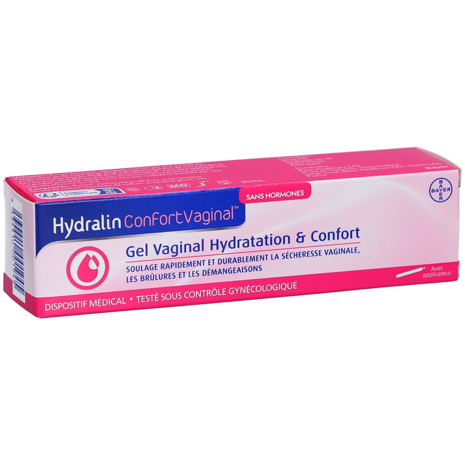 Boîte rose avec nom et logo du produit. Texte: Gel Vaginal Hydratation & Confort. Logo Bayer.