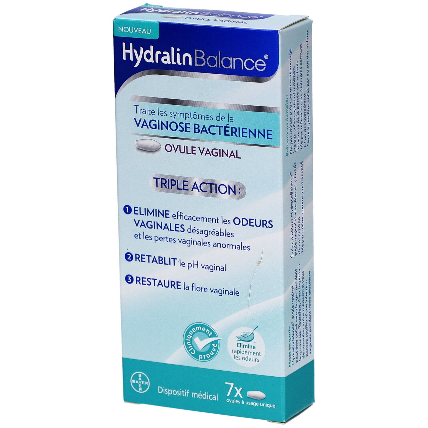Boîte "Hydralin Balance Ovule Vaginal". Emballage bleu et blanc. Contient 7 ovules. Texte en français.