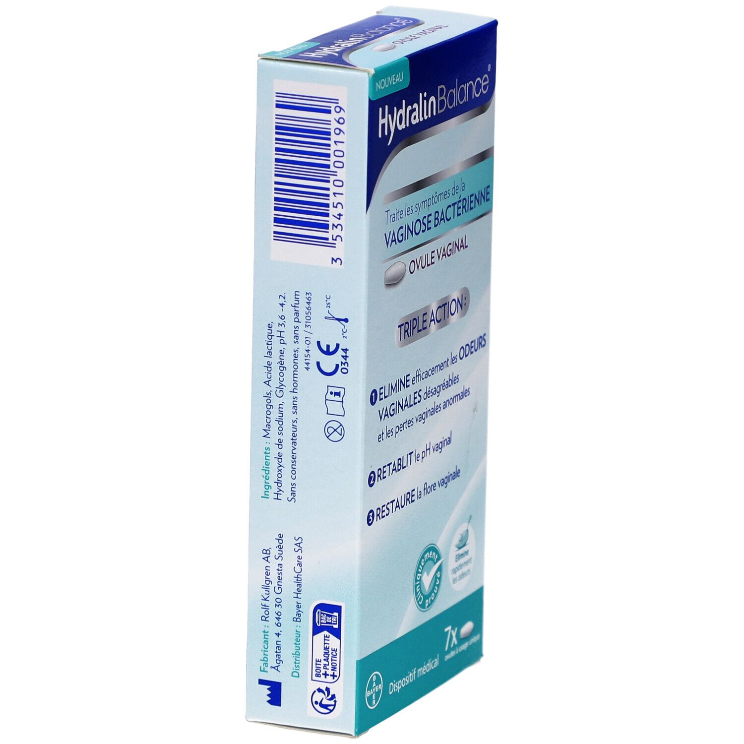 Vue latérale de la boîte "Hydralin Balance". Emballage bleu avec texte en français. Contient 7 ovules.