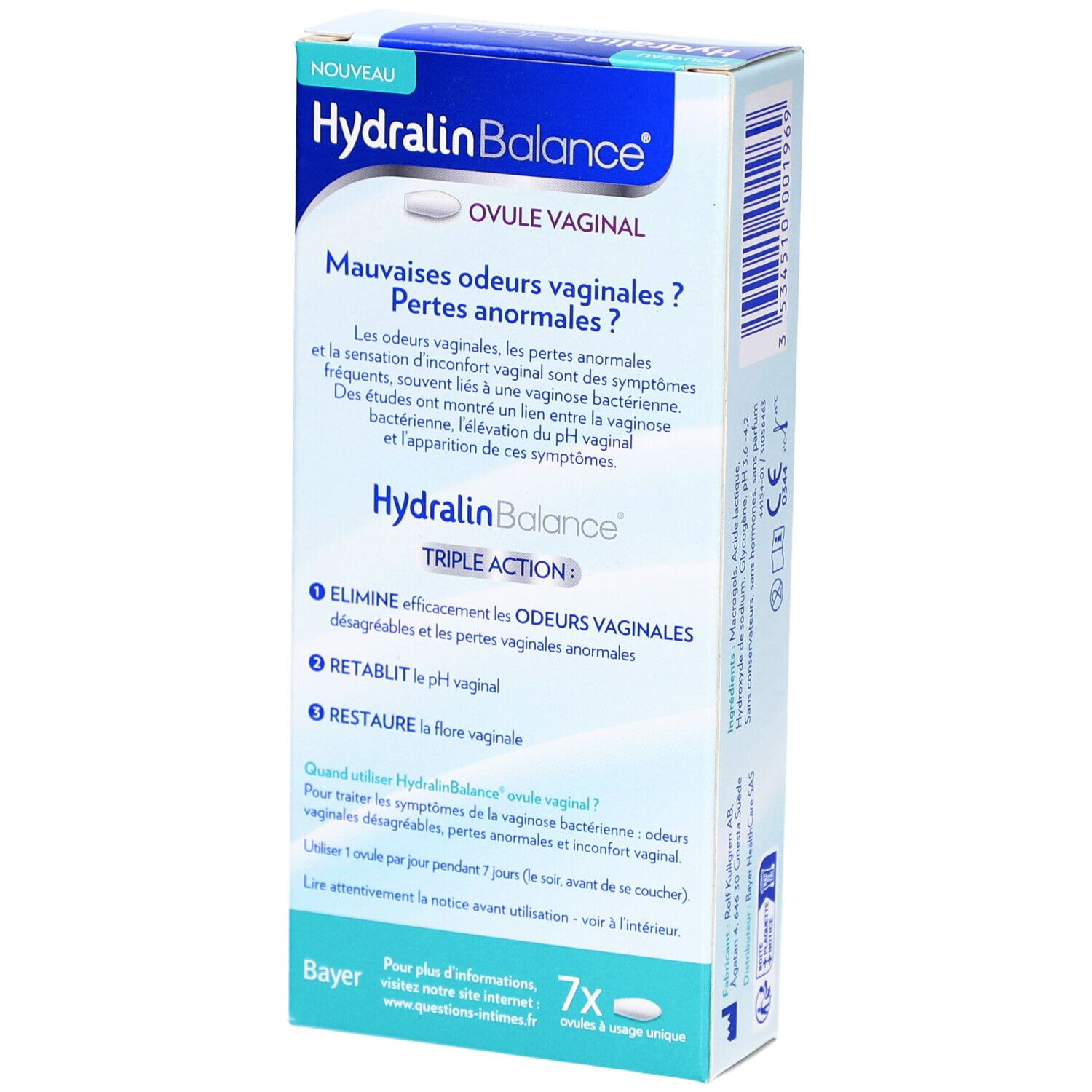 Dos de la boîte "Hydralin Balance". Texte en français. Contient 7 ovules. Emballage bleu et blanc.