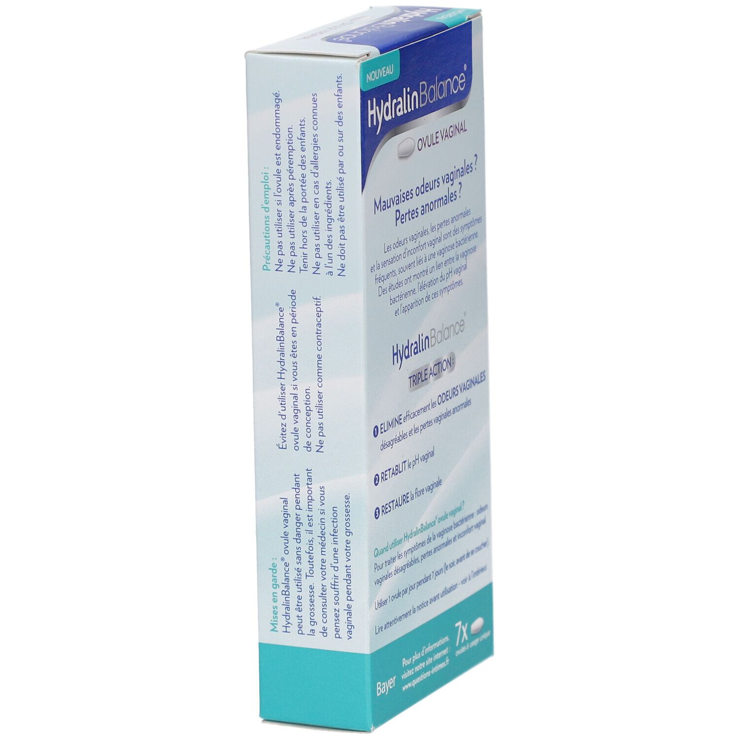 Vue latérale de la boîte "Hydralin Balance". Texte en français. Emballage bleu et blanc. Contient 7 ovules.