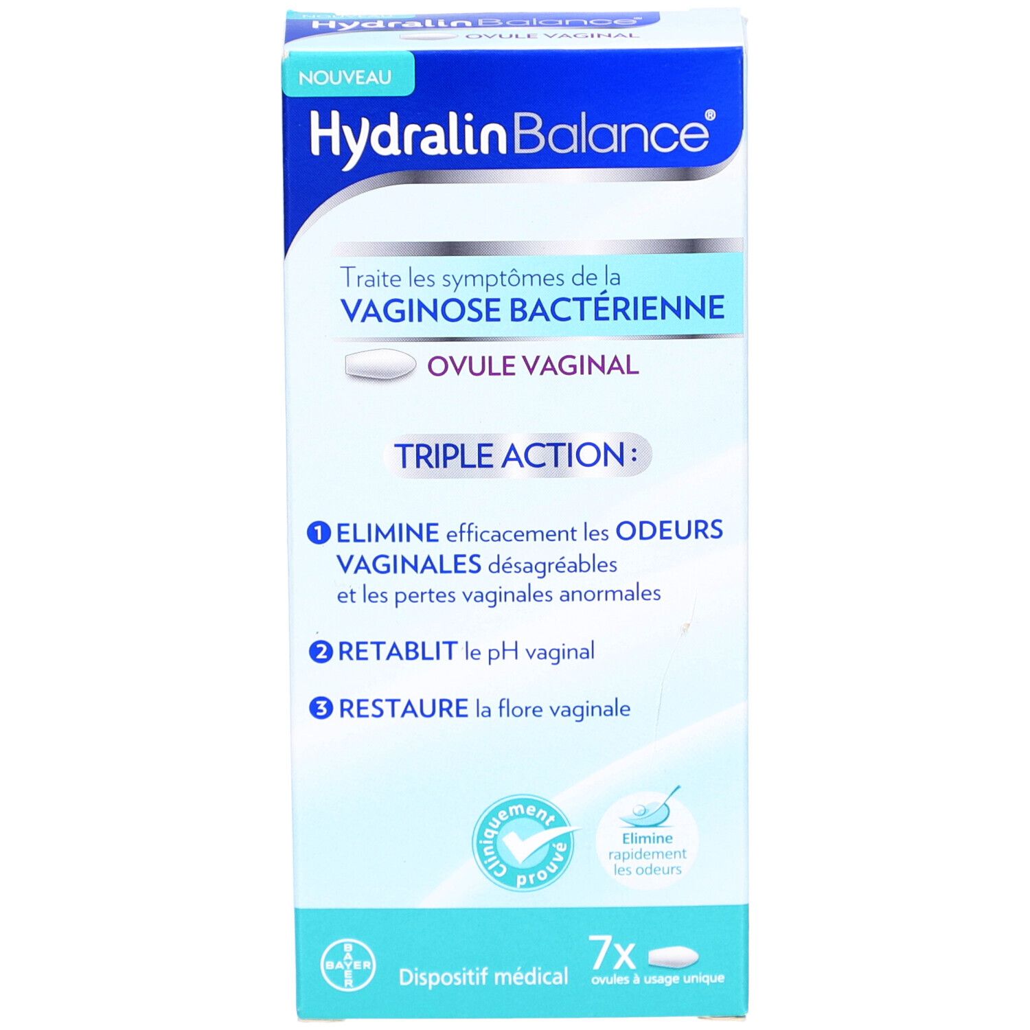 Vue de face de la boîte "Hydralin Balance". Emballage bleu et blanc. Contient 7 ovules. Texte en français.