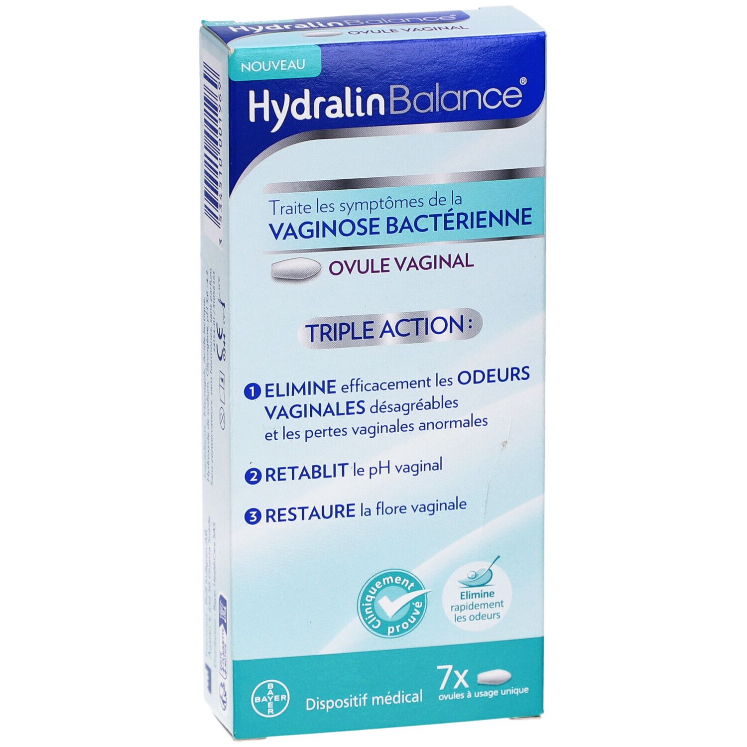Vue de face de la boîte "Hydralin Balance". Emballage bleu et blanc. Contient 7 ovules. Texte en français.