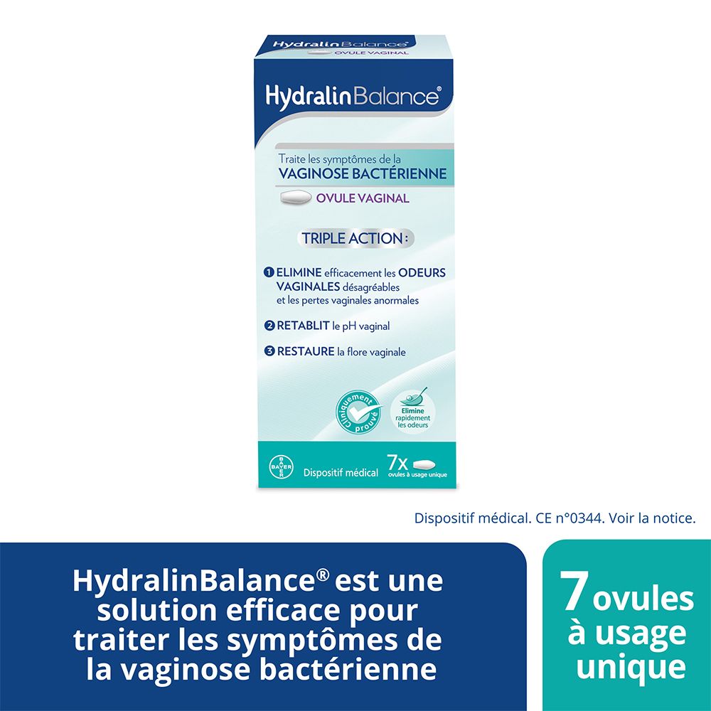 Emballage HYDRALIN BALANCE Ovule Vaginal. Contient 7 ovules. Texte: Efficace pour traiter les symptômes de la vaginose bactérienne.