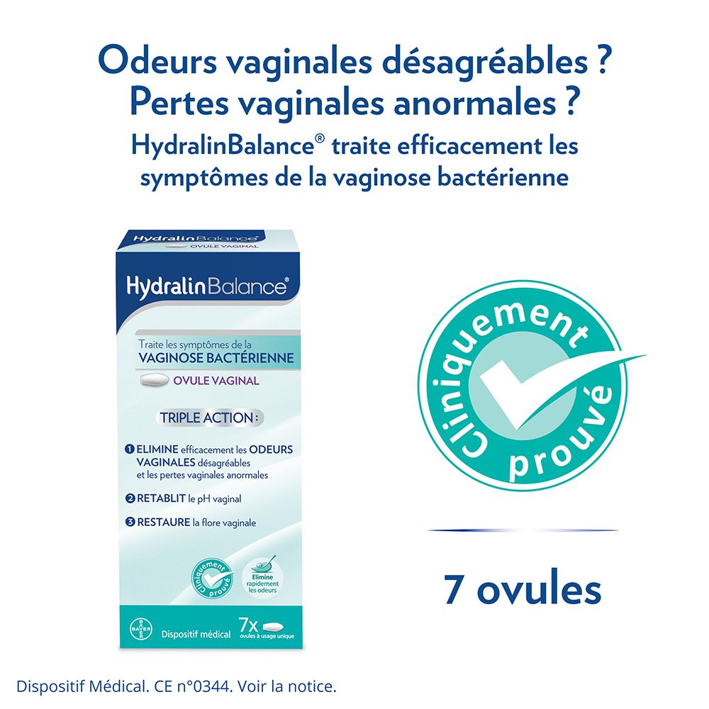 Texte: Odeurs vaginales désagréables et pertes anormales. Boîte HYDRALIN BALANCE Ovule Vaginal.