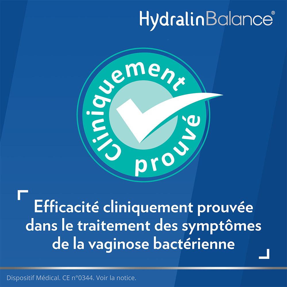 Texte: Efficacité cliniquement prouvée dans le traitement des symptômes de la vaginose bactérienne. Fond bleu.