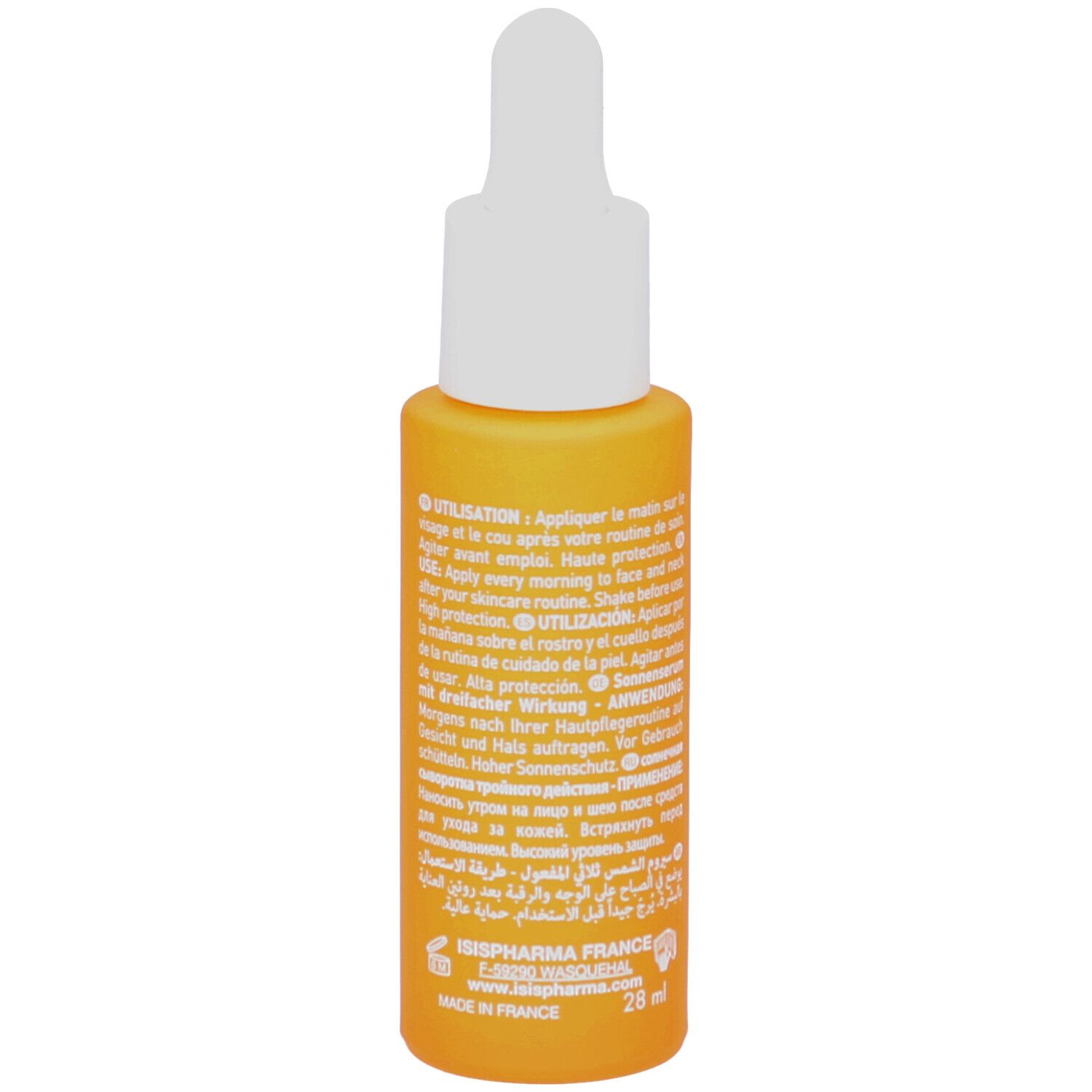 Dos d'un flacon orange avec applicateur blanc. Texte multilingue. Fabriqué en France.