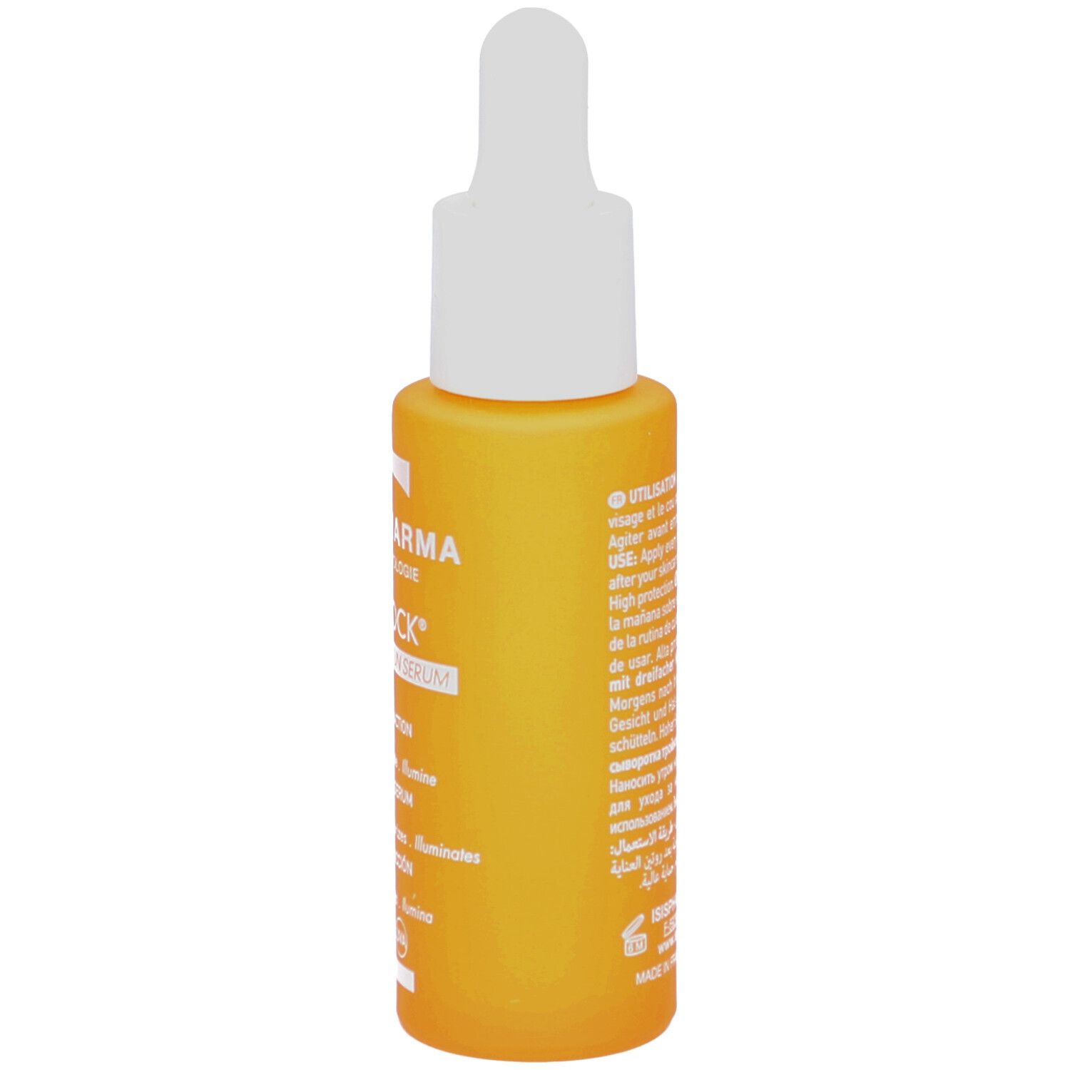 Vue latérale d'un flacon orange avec applicateur blanc. Texte multilingue. Fabriqué en France.