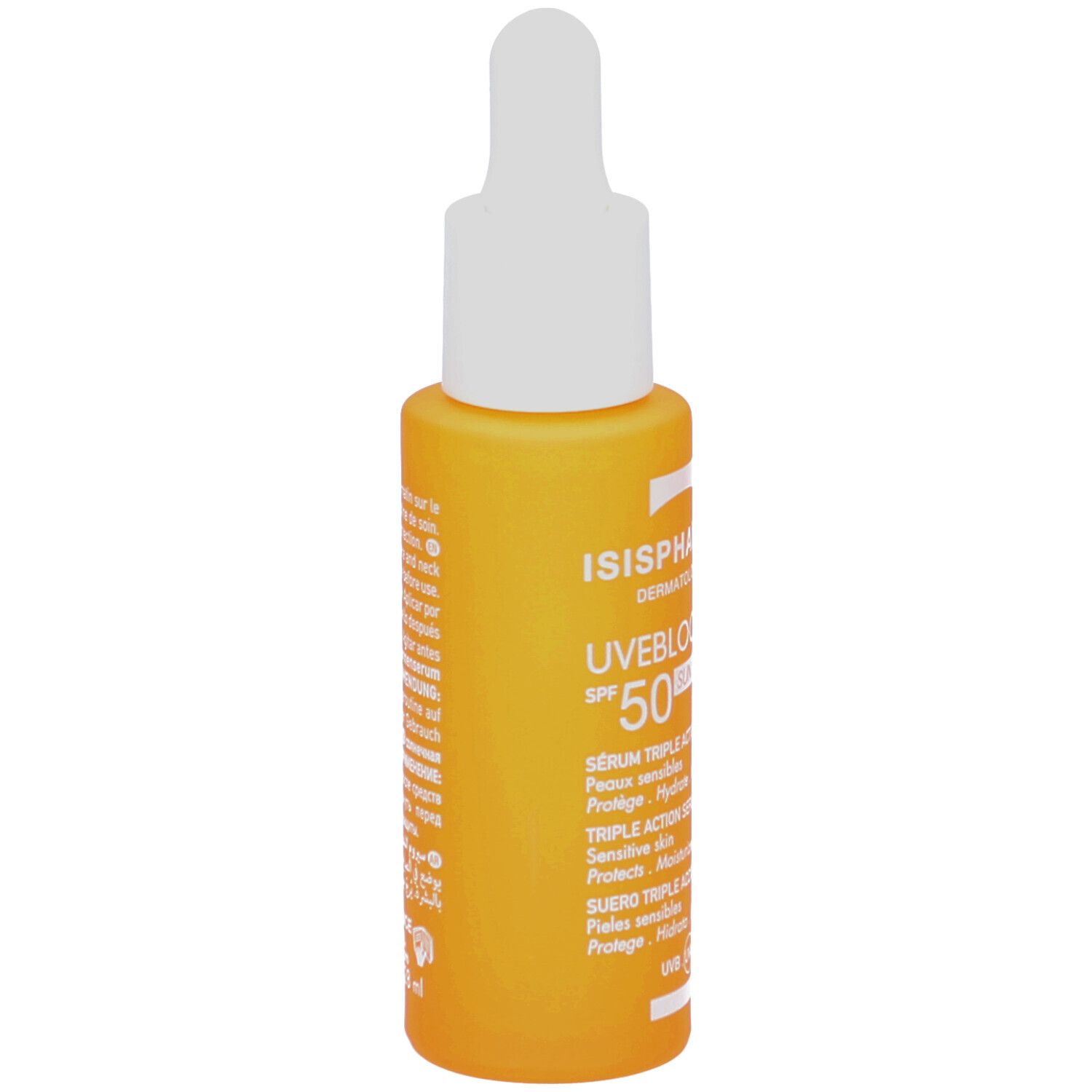 Vue latérale d'un flacon orange avec applicateur blanc. Texte multilingue. Fabriqué en France.