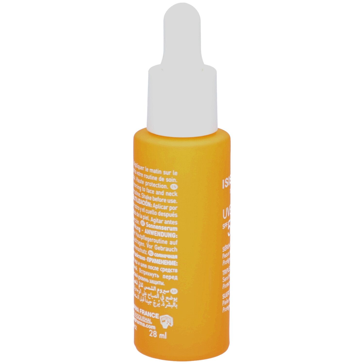 Dos d'un flacon orange avec applicateur blanc. Texte multilingue. Fabriqué en France.
