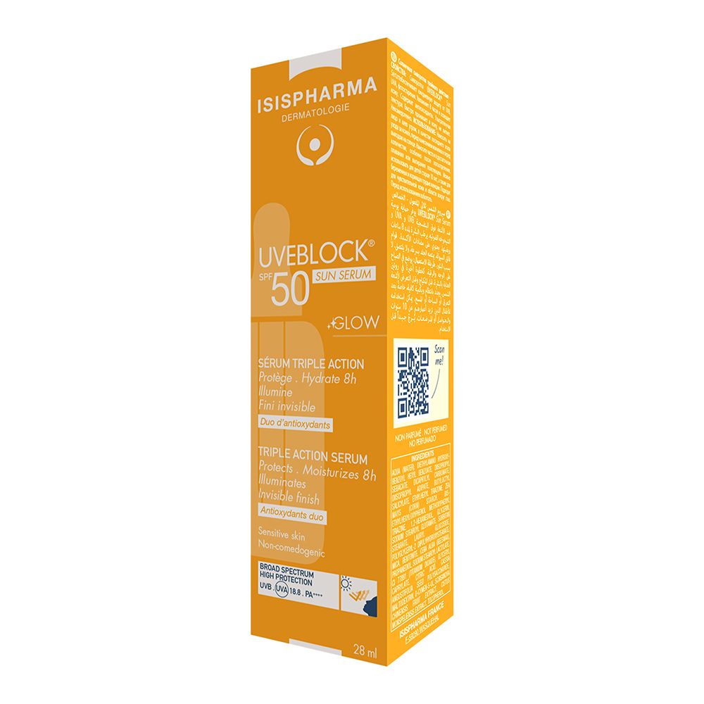 Emballage jaune avec produit et texte. ISISPHARMA Uveblock SPF 50+ Sun Serum. QR code.