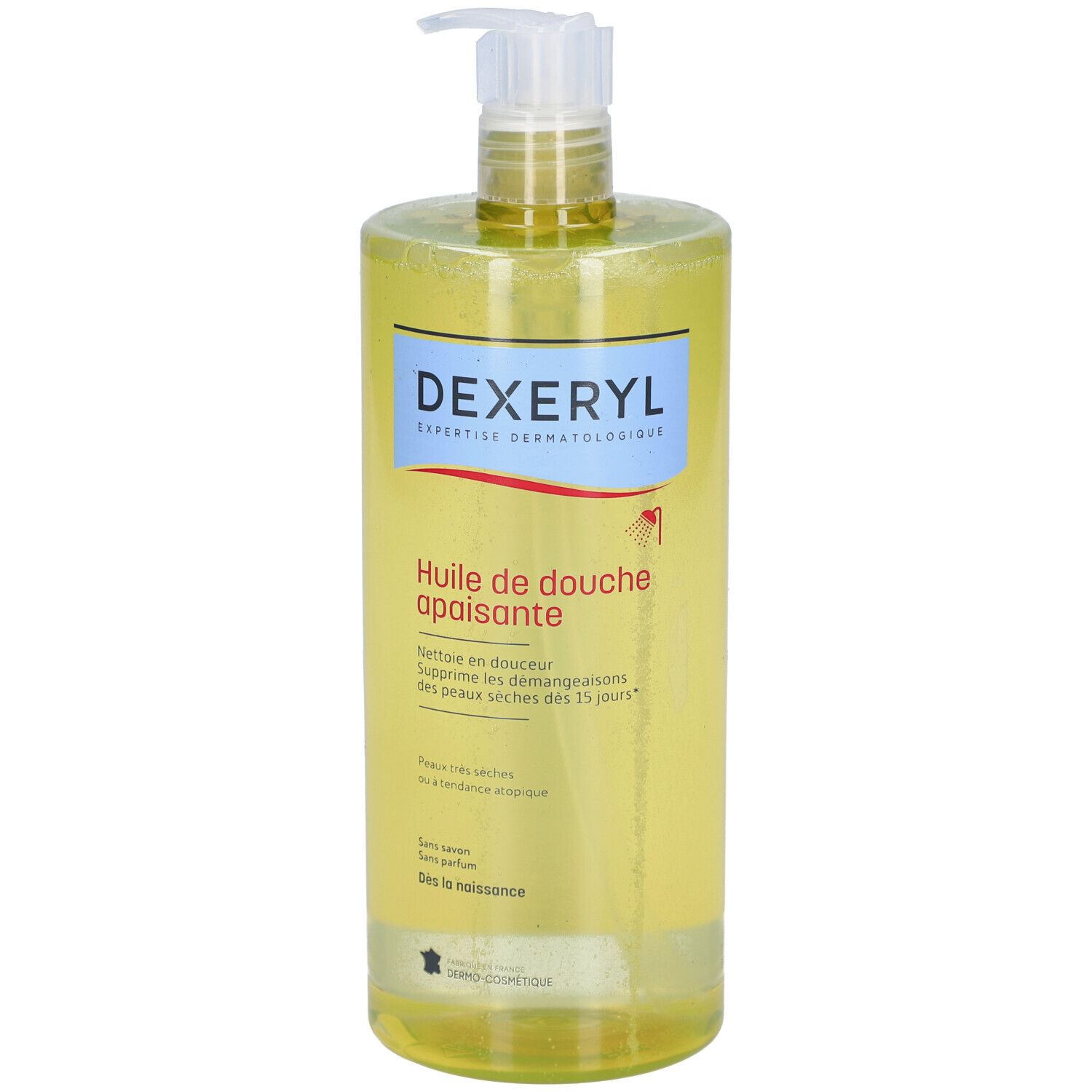 DEXERYL Huile de douche apaisante. Flacon avec pompe. Liquide jaune. Étiquette avec texte.