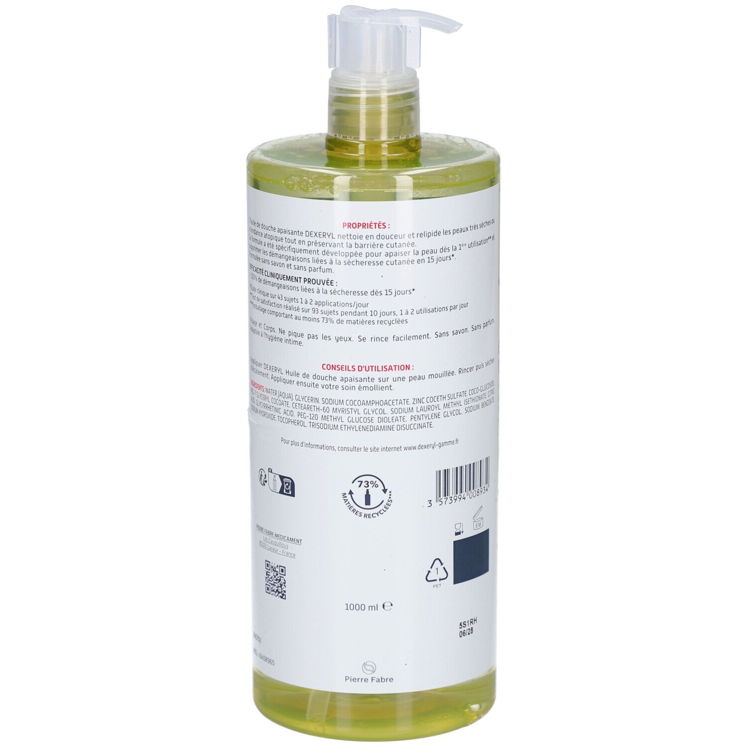 DEXERYL Huile de douche apaisante. Flacon avec pompe. Dos avec texte et symboles. 1000 ml.