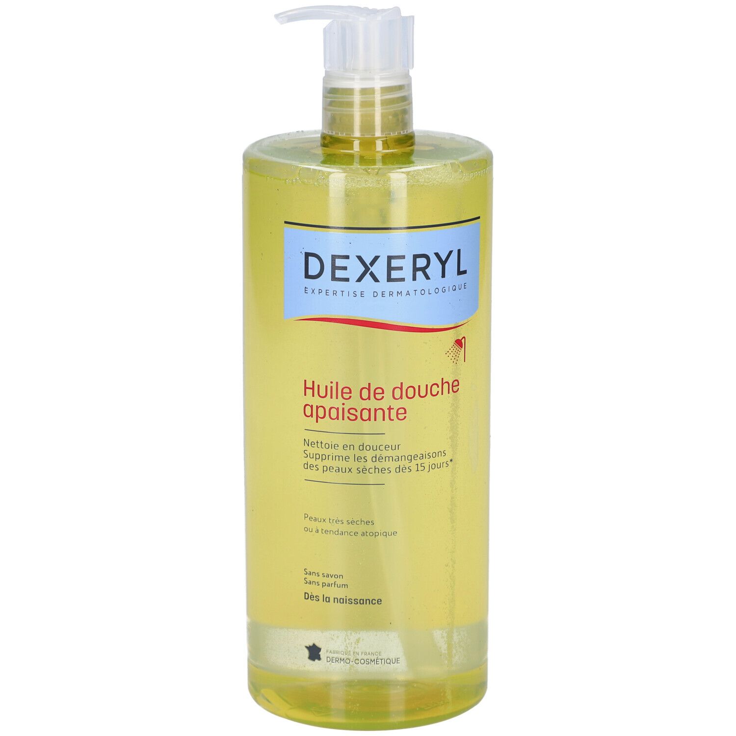 DEXERYL Huile de douche apaisante. Flacon avec pompe. Liquide jaune. Étiquette avec texte.