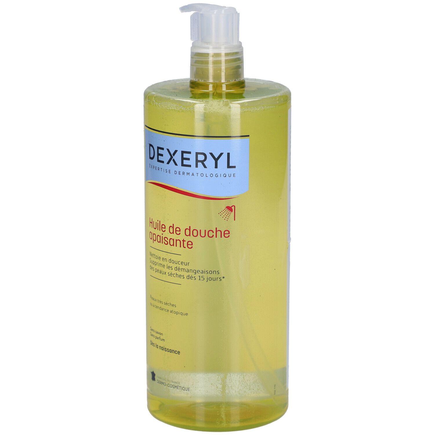 DEXERYL Huile de douche apaisante. Flacon avec pompe. Liquide jaune. Étiquette avec texte.