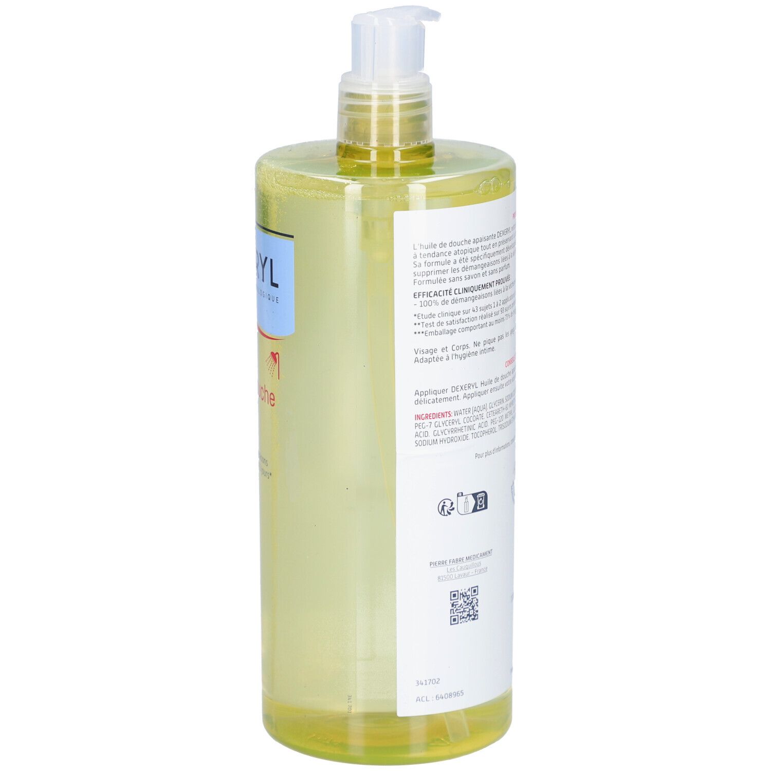 DEXERYL Huile de douche apaisante. Flacon avec pompe. Dos avec texte et symboles. Liquide transparent.