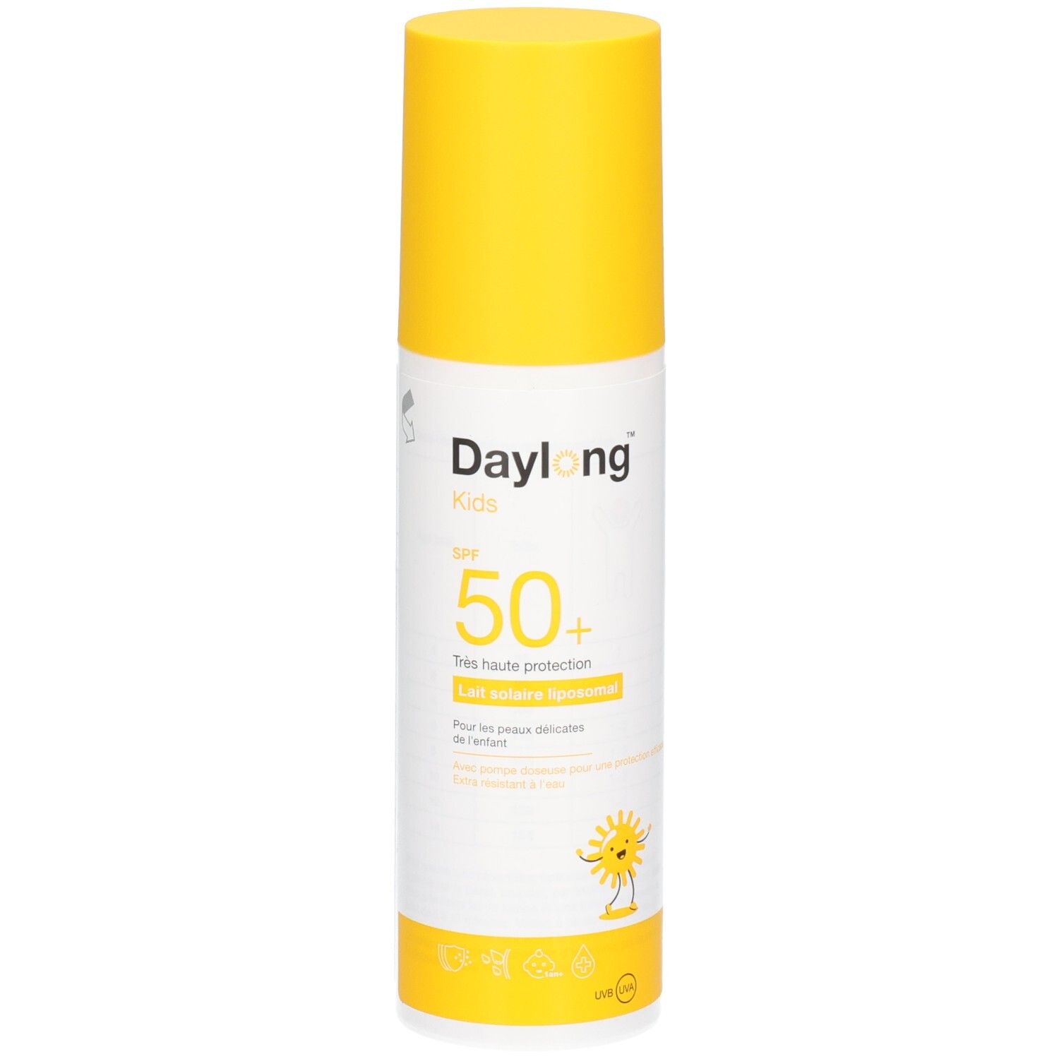 Lait solaire Daylong Kids FPS 50+ dans un flacon spray blanc avec bouchon jaune.