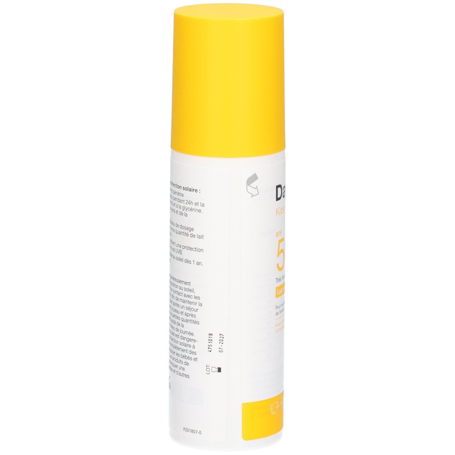 Vue latérale du flacon spray de lait solaire Daylong Kids FPS 50+.