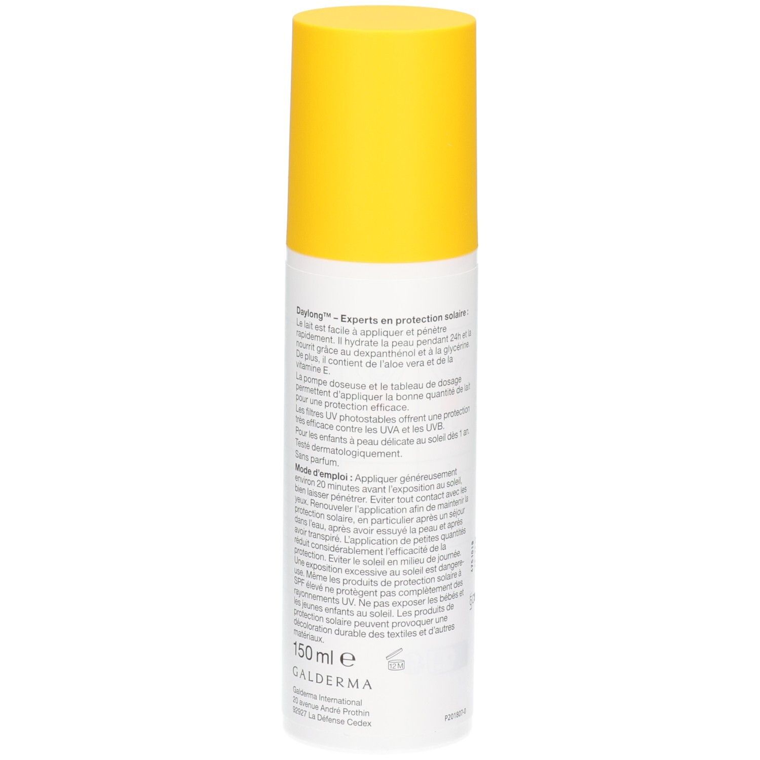 Arrière du flacon spray de lait solaire Daylong Kids FPS 50+ avec informations produit.