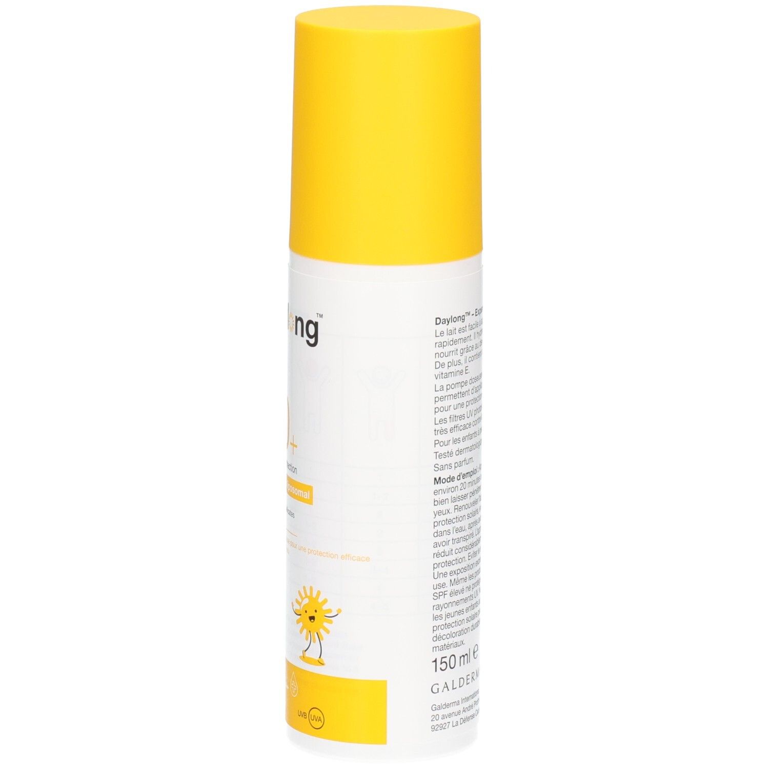 Vue latérale du flacon spray de lait solaire Daylong Kids FPS 50+ avec informations produit.