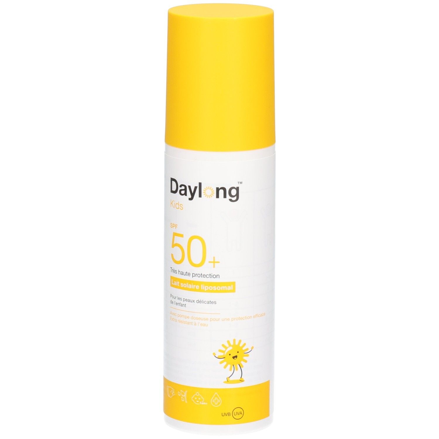Lait solaire Daylong Kids FPS 50+ dans un flacon spray blanc avec bouchon jaune et symbole soleil.