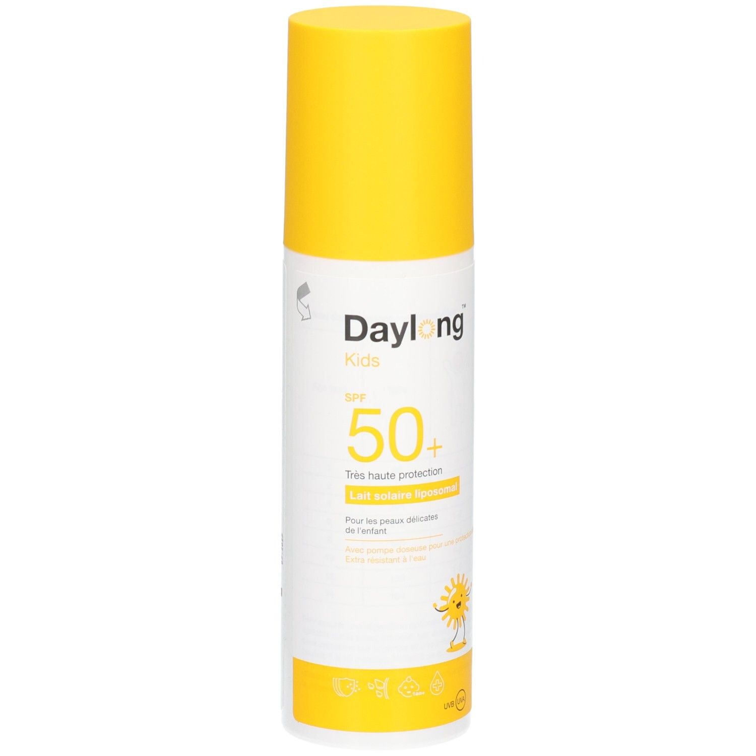Lait solaire Daylong Kids FPS 50+ dans un flacon spray blanc avec bouchon jaune et symbole soleil.