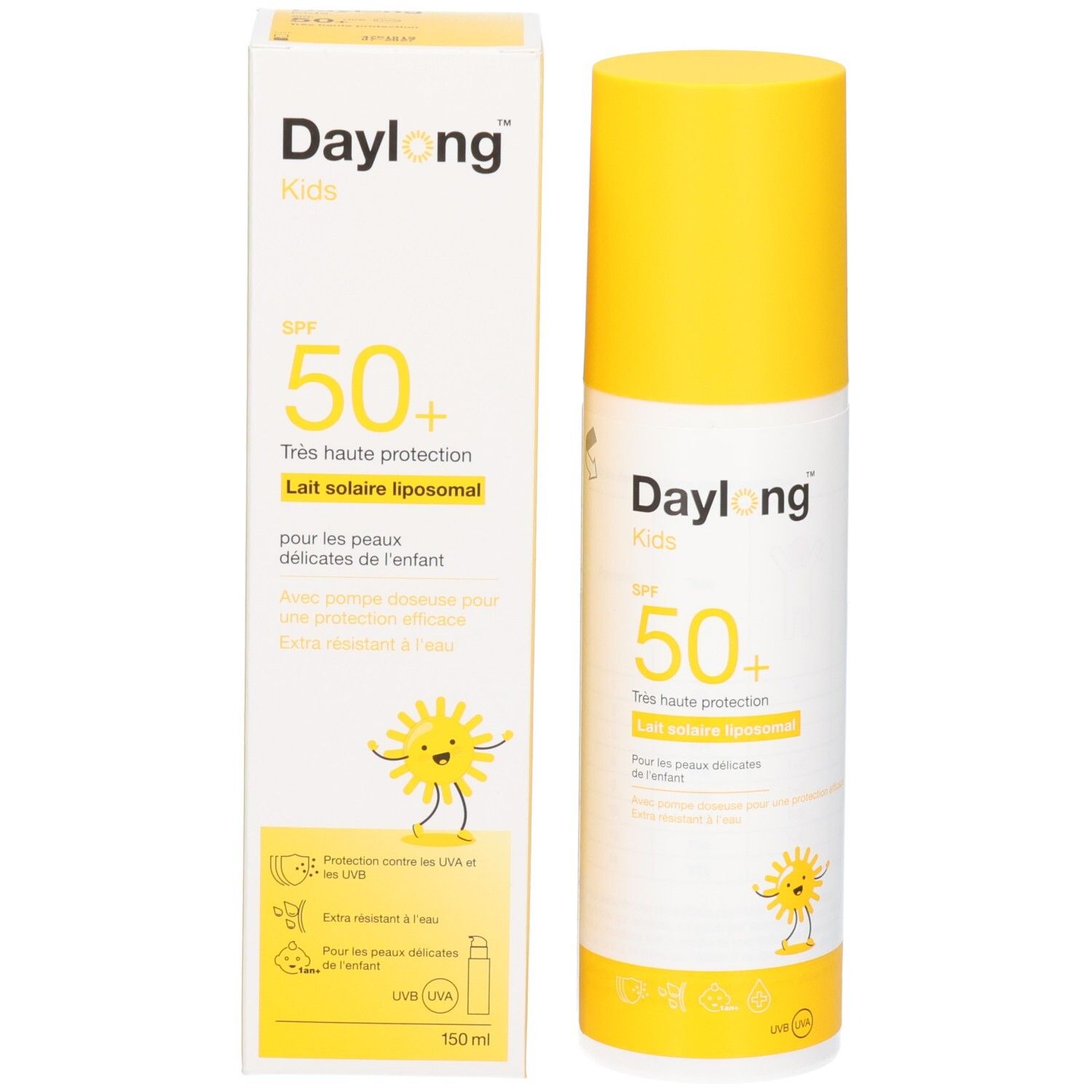 Lait solaire Daylong Kids FPS 50+ et sa boîte, tous deux avec bouchon jaune.
