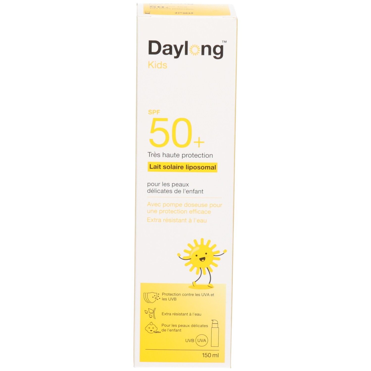 Boîte du lait solaire Daylong Kids FPS 50+ avec informations produit et symbole soleil.