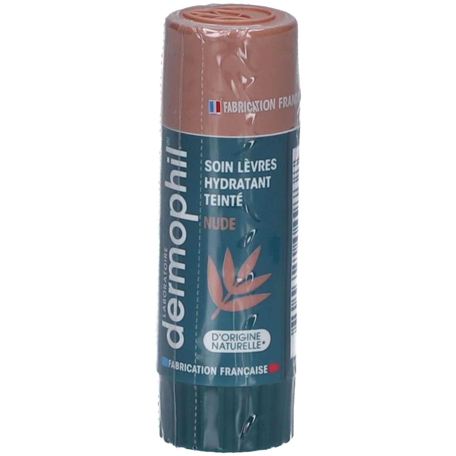 Stick de soin pour les lèvres, emballé. Marque: dermophil. Inscription: SOIN LÈVRES HYDRATANT TEINTÉ NUDE. Fabriqué en France.
