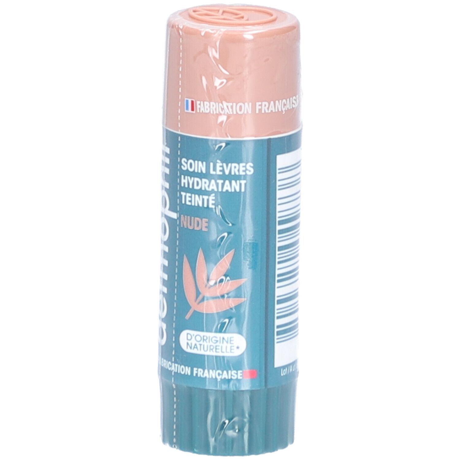 Stick de soin pour les lèvres, emballé. Marque: dermophil. Inscription: SOIN LÈVRES HYDRATANT TEINTÉ NUDE. Fabriqué en France.