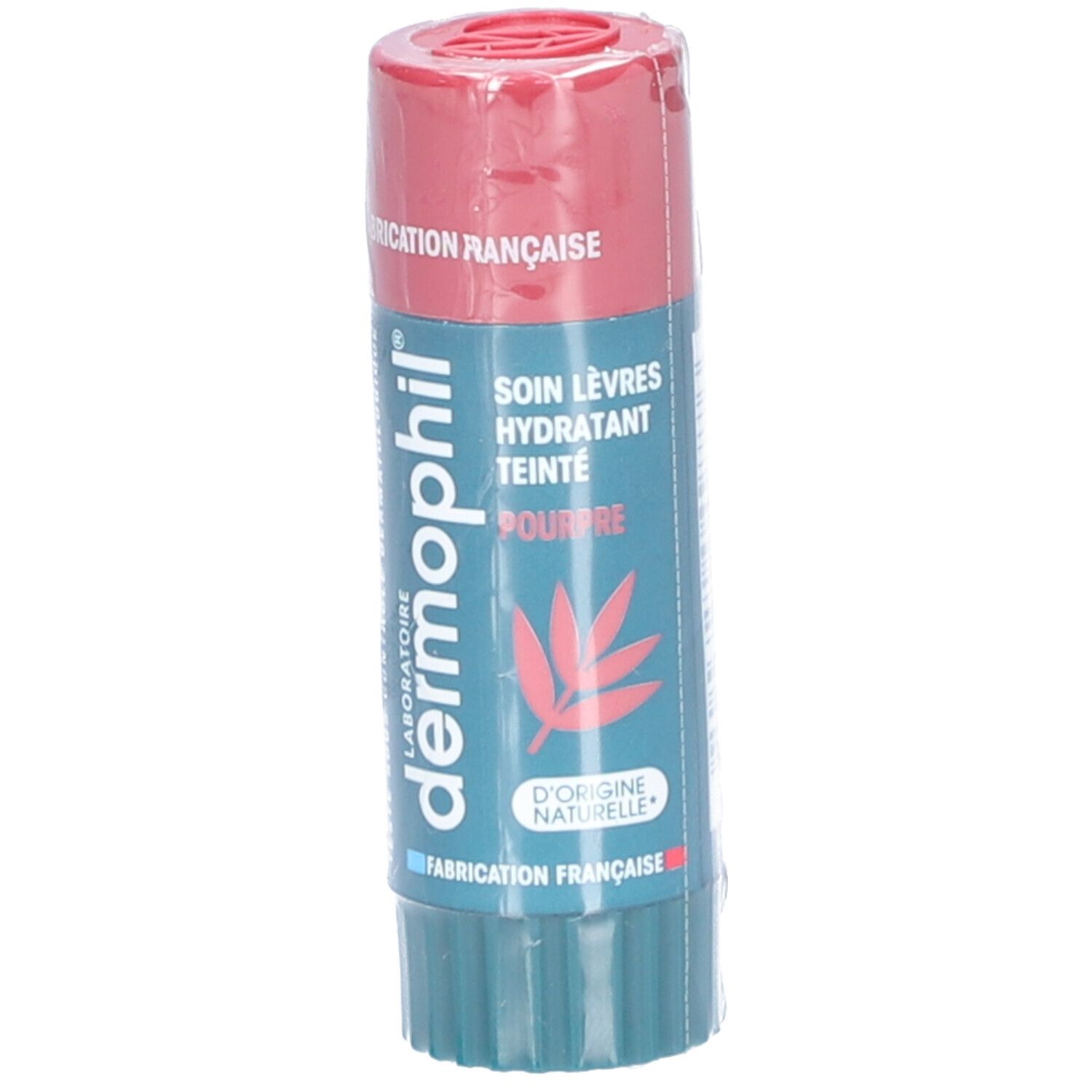 Stick lèvres teinté pourpre rosé. Emballage transparent. Inscription: Soin Lèvres Hydratant Teinté Pourpre. Fabrication française.