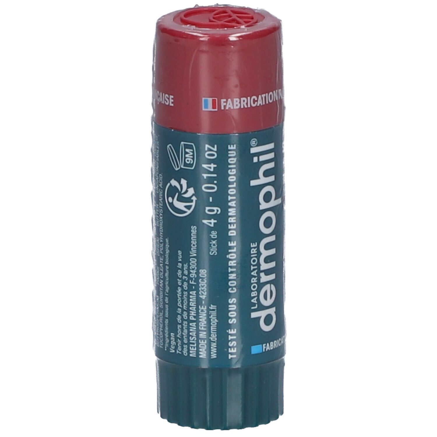 Stick lèvres avec bouchon rouge et base verte. Inscription: 4 g - 0.14 oz. Testé sous contrôle dermatologique. Fabriqué en France.