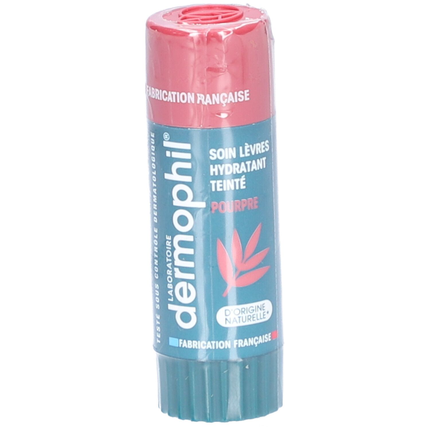Stick lèvres teinté pourpre rosé. Emballage transparent. Inscription: Soin Lèvres Hydratant Teinté Pourpre. Fabrication française.