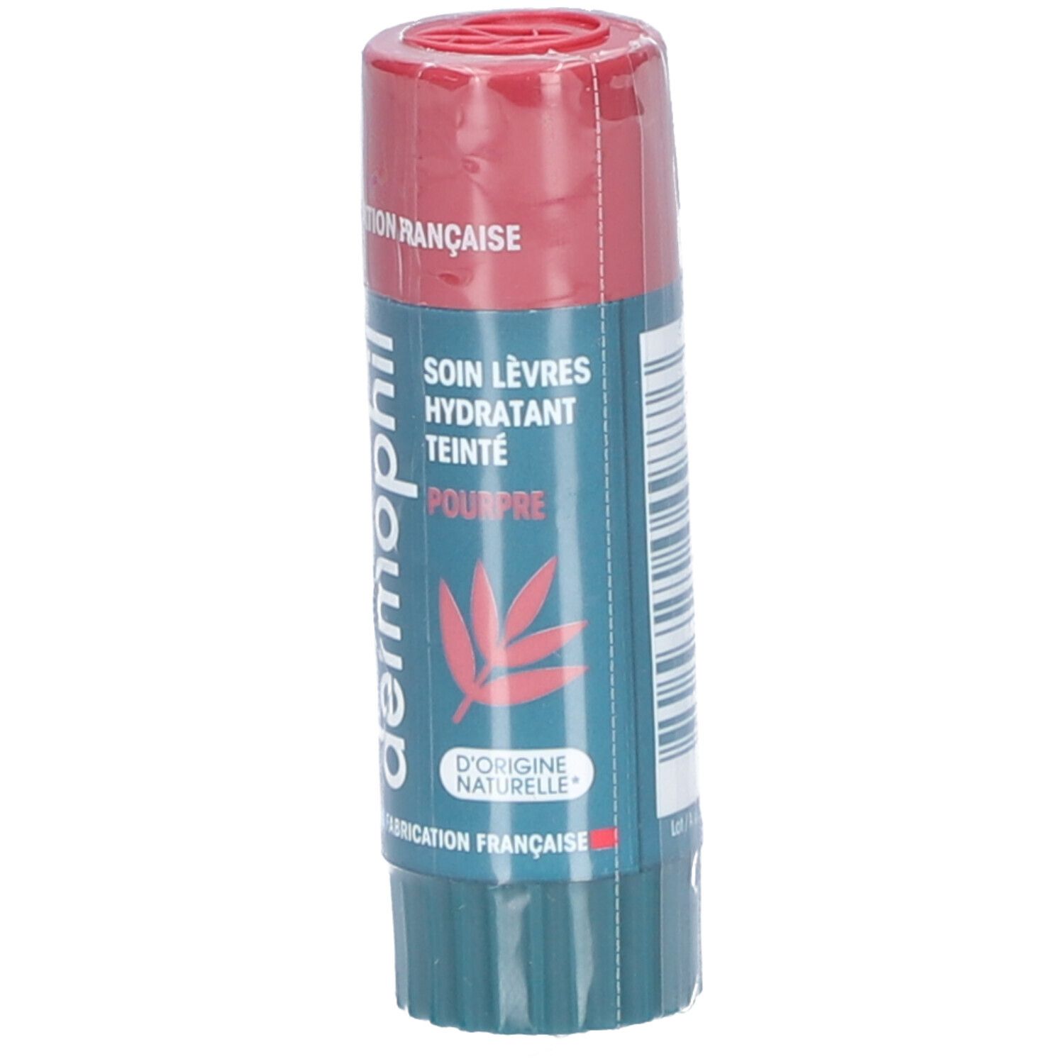 Stick lèvres teinté pourpre rosé. Emballage transparent. Inscription: Soin Lèvres Hydratant Teinté Pourpre. Fabrication française.