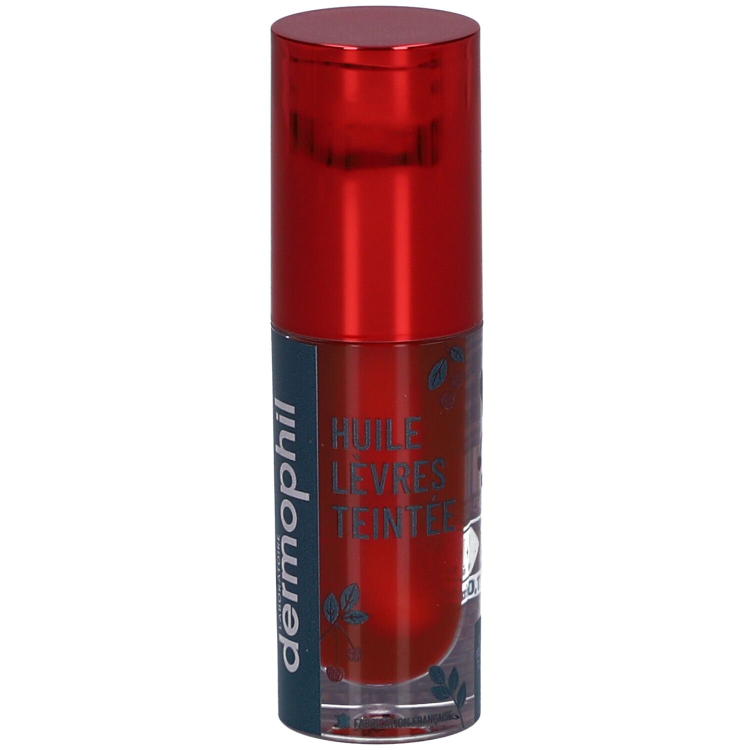 Huile lèvres teintée dans un flacon transparent avec bouchon rouge. Inscription: dermophil, Huile Lèvres Teintée.