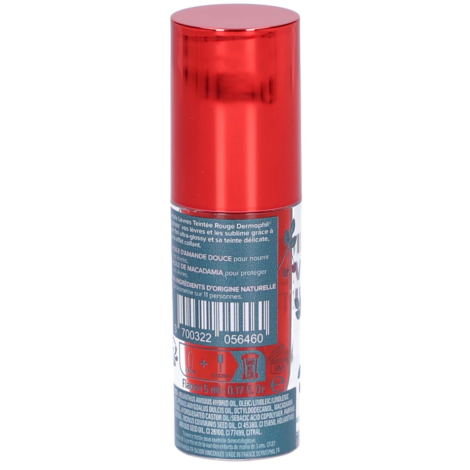 Dos du packaging de l'huile à lèvres. Texte avec ingrédients et code-barres. Inscription: Huile Lèvres Teintée Rouge Dermophil.