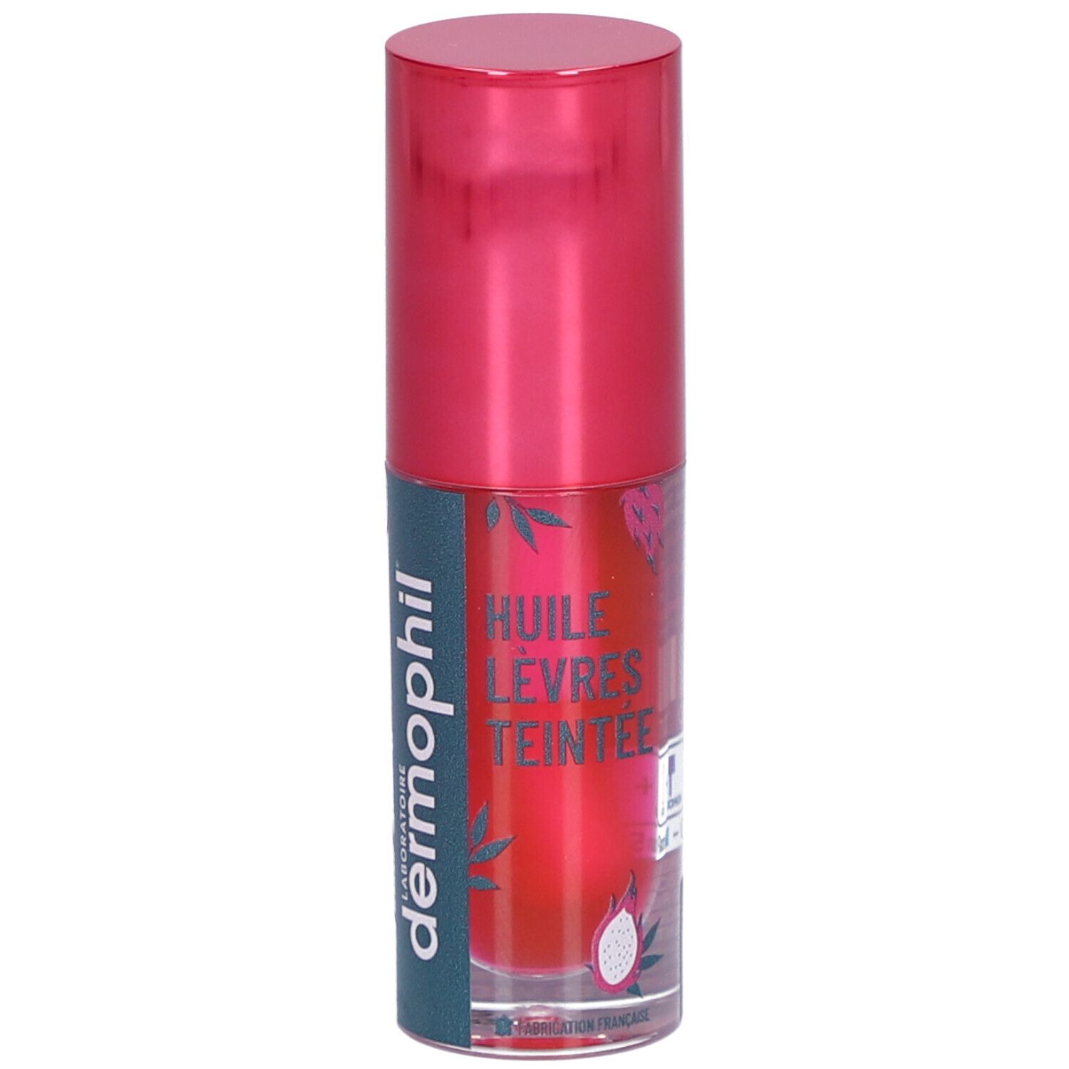 Flacon transparent avec bouchon rose. Inscription: dermophil, Huile Lèvres Teintée. Liquide rose visible.