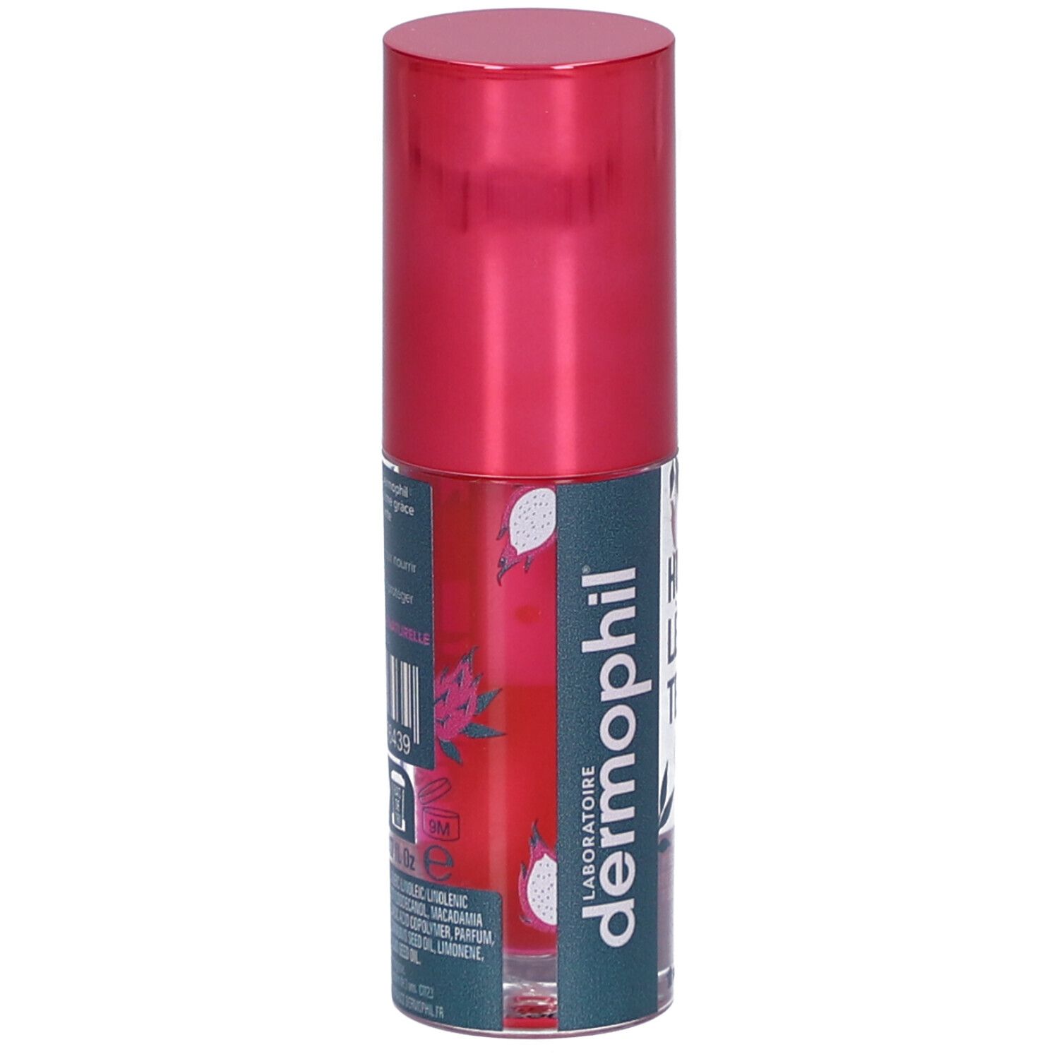 Flacon transparent avec bouchon rose. Inscription: dermophil. Étiquette avec ingrédients et code-barres.