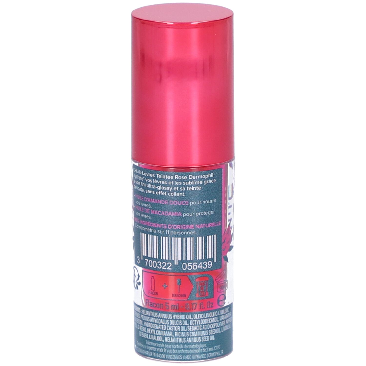 Dos d'un flacon avec bouchon rose. Texte: Huile Lèvres Teintée Rose Dermophil. Code-barres et ingrédients.