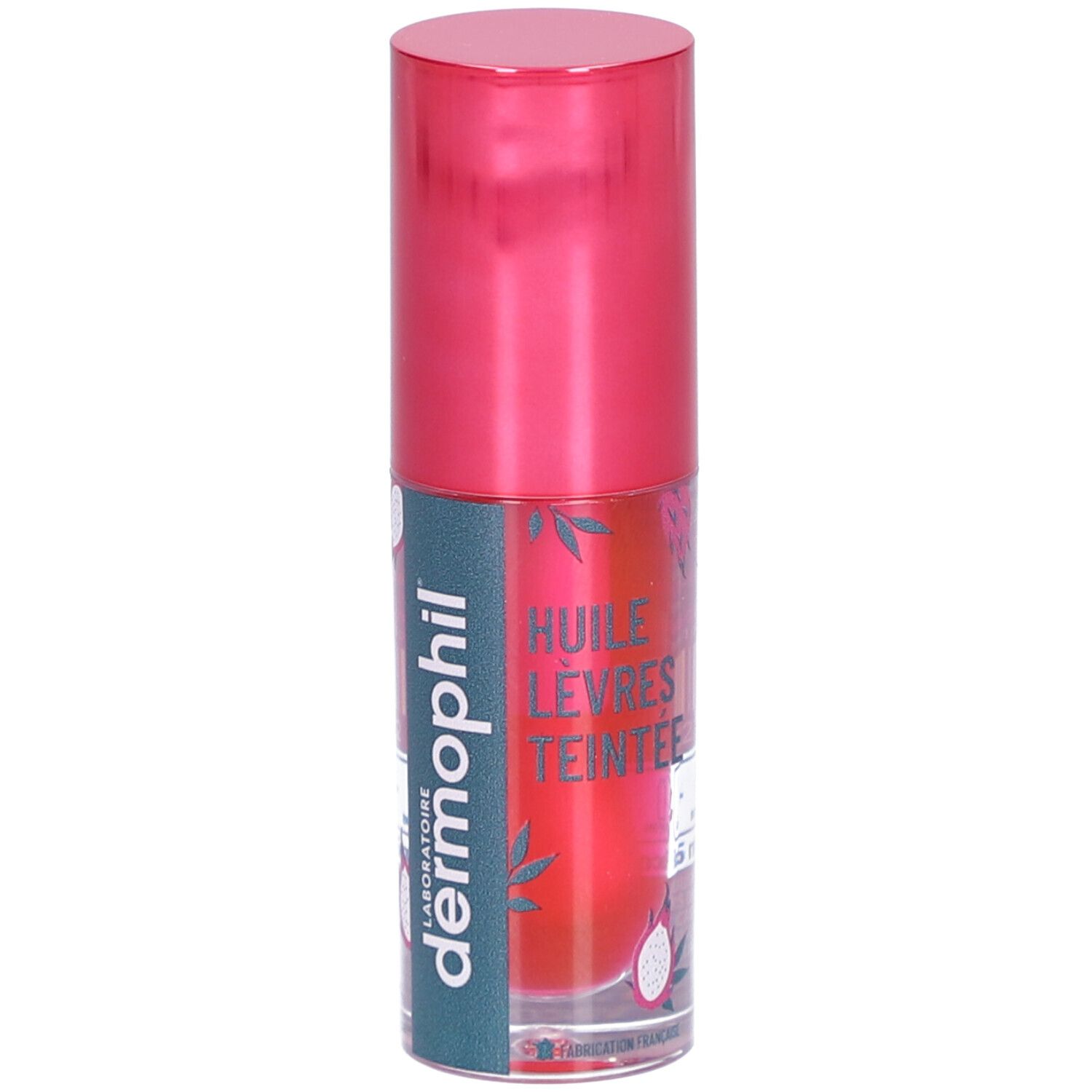 Flacon transparent avec bouchon rose. Inscription: dermophil, Huile Lèvres Teintée. Liquide rose visible.