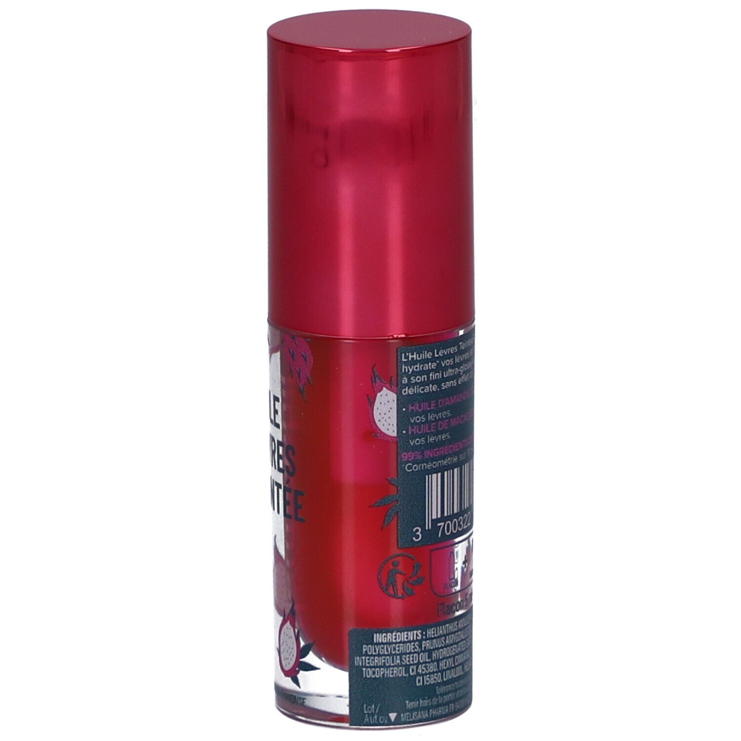 Dos d'un flacon avec bouchon rose. Texte: Huile Lèvres Teintée. Code-barres et ingrédients.