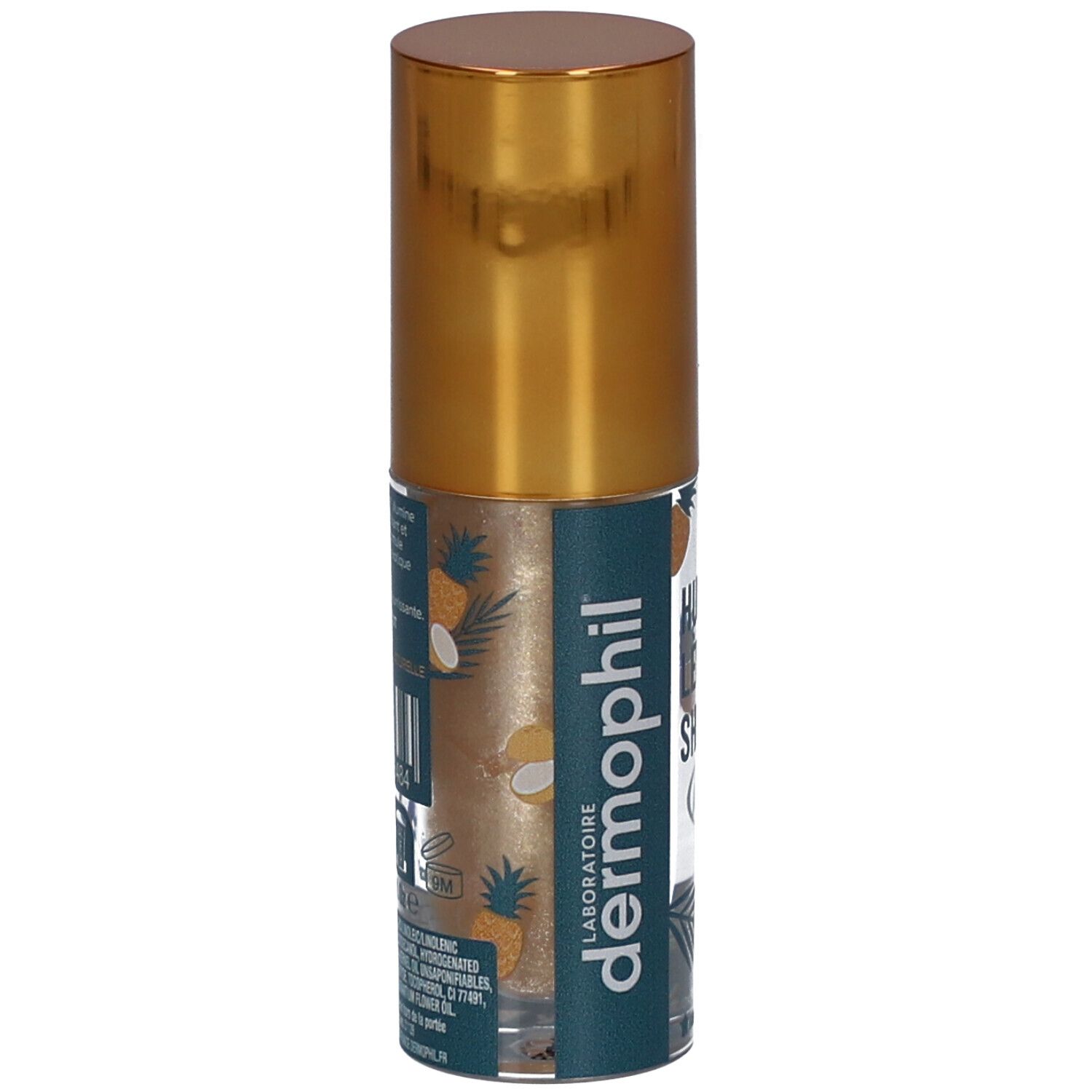 Flacon transparent avec bouchon doré. Inscription: Huile Lèvres Shiny, dermophil. Liste des ingrédients.