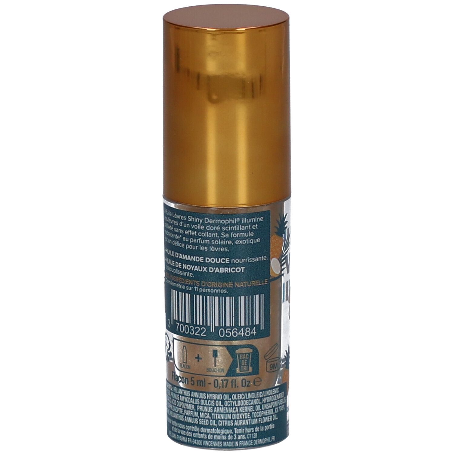 Dos du flacon avec bouchon doré. Inscription: Huile Lèvres Shiny, dermophil. Liste des ingrédients et code-barres.